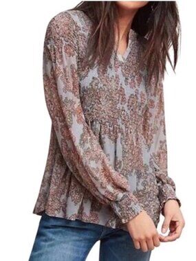 Anthropologie AKEMI & KIN Elegant Floral Smocked Blouse in Blue and Brown